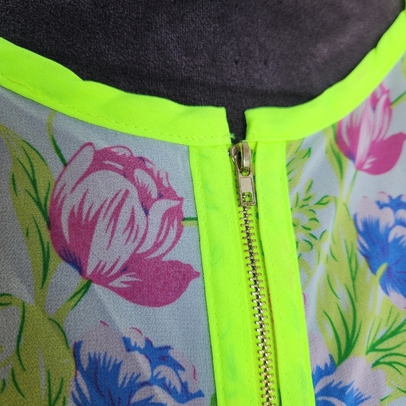 Poly Poly Yellow Floral Zip Sheer Blouse Retro Bright Boho Chic Sz M - Picture 4 of 11